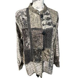 Khaki Velvet Boho Jacket Sz XL Embroidered Lace Eyelet Mandarin Collar Pockets
